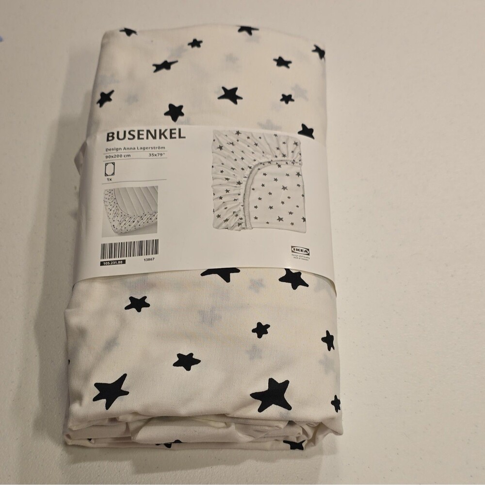 IKEA BUSENKEL Fitted Sheet 90x200 cm White/Black Star Print 100% Cotton